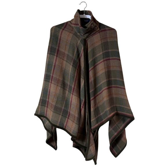 CHAPS EST 1978 VINTAGE WOOL BLEND PLAID GREEN TAN GREEN CAPE COAT SZ L - Picture 1 of 12